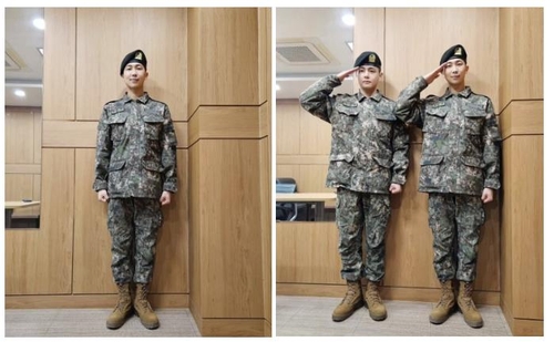 These photos captured from RM's Instagram account on Jan. 16, 2024, show the BTS member (R) and his bandmate V (2nd from R) in military uniform. (PHOTO NOT FOR SALE) (Yonhap)