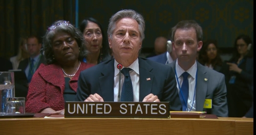 El secretario de Estado de Estados Unidos, Antony Blinken, habla durante una reunión del Consejo de Seguridad de la ONU sobre Ucrania en la sede de la ONU en Nueva York el 24 de septiembre de 2024, en esta foto capturada por UN Web TV. (FOTO NO A LA VENTA) (Yonhap)