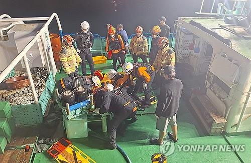 Los miembros de la tripulación rescatados son llevados a un puerto cercano después de que su barco pesquero se hundiera frente a la costa de la isla de Jeju el 8 de noviembre de 2024, en esta fotografía proporcionada por la sede de seguridad y extinción de incendios de Jeju. (FOTO NO EN VENTA) (Yonhap)