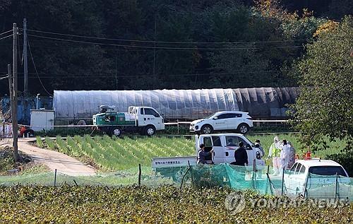 Officials control entry to a poultry farm in Donghae, about 185 kilometers east of Seoul, in this file photo taken Oct. 30, 2024, following an outbreak of highly pathogenic avian influenza. (Yonhap)