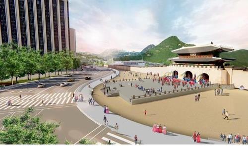 Une illustration de la plate-forme restaurée de l'ère Joseon devant le palais de Gyeongbok. (Image fournie par la municipalité de Séoul. Revente et archivage interdits)