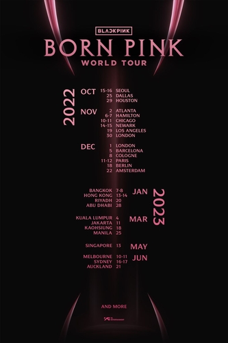 Le calendrier de la tournée mondiale du girls band Blackpink. (Photo fournie par YG Entertainment. Revente et archivage interdits)