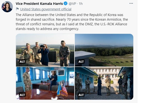 Ci-dessus, un message de la vice-présidente américaine Kamala Harris sur Twitter le jeudi 29 septembre 2022, sur sa visite à la Zone démilitarisée (DMZ) durant son voyage en Corée du Sud. (Capture du compte Twitter de Harris. Revente et archivage interdits) 