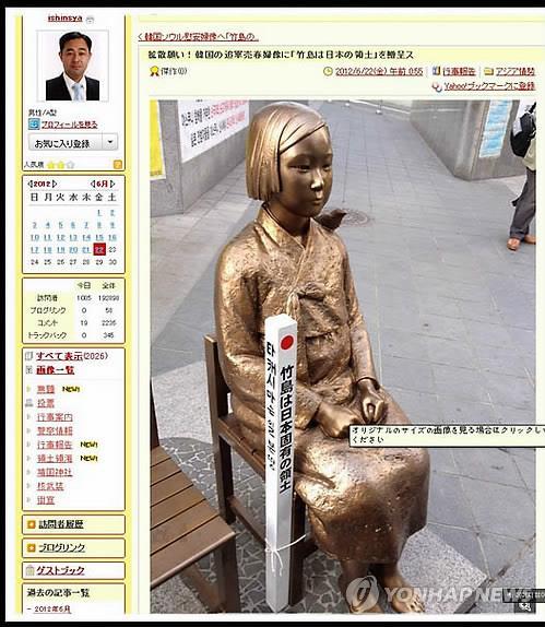 鈴木被告が少女像にくいを縛りつけた後、自身のブログに掲載した写真＝（聯合ニュース）