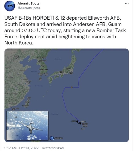 Ｂ１Ｂの航跡イメージ（エアクラフト・スポットのツイッターより）＝（聯合ニュース）≪転載・転用禁止≫