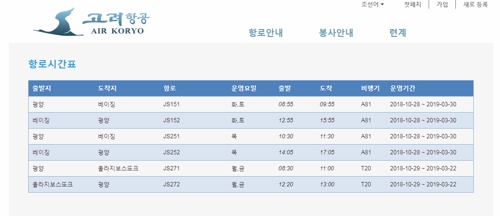 고려항공 항로시간표