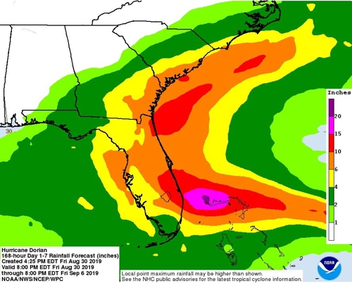 허리케인 도리안 괴물급 4등급…플로리다 등 초비상