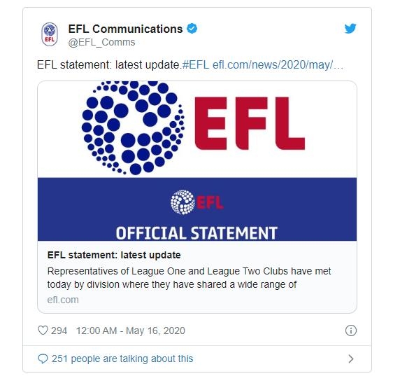 리그2 구단들의 시즌 종료 합의 소식을 전한 잉글랜드풋볼리그(EFL). 