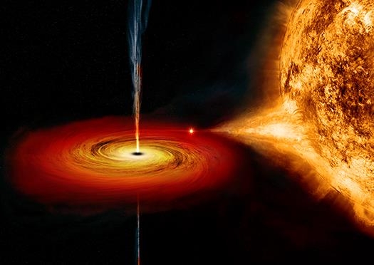 짝별에서 물질을 빨아들이는 블랙홀 원반과 물질을 분출하는 제트 상상도