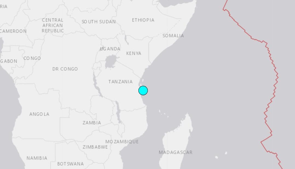 탄자니아 앞바다 지진 발생지점(동그라미)