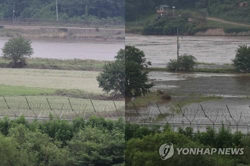 집중호우로 임진강 하류에 물이 불어난 후(왼쪽)와 불어나기 전.[연합뉴스 자료사진]