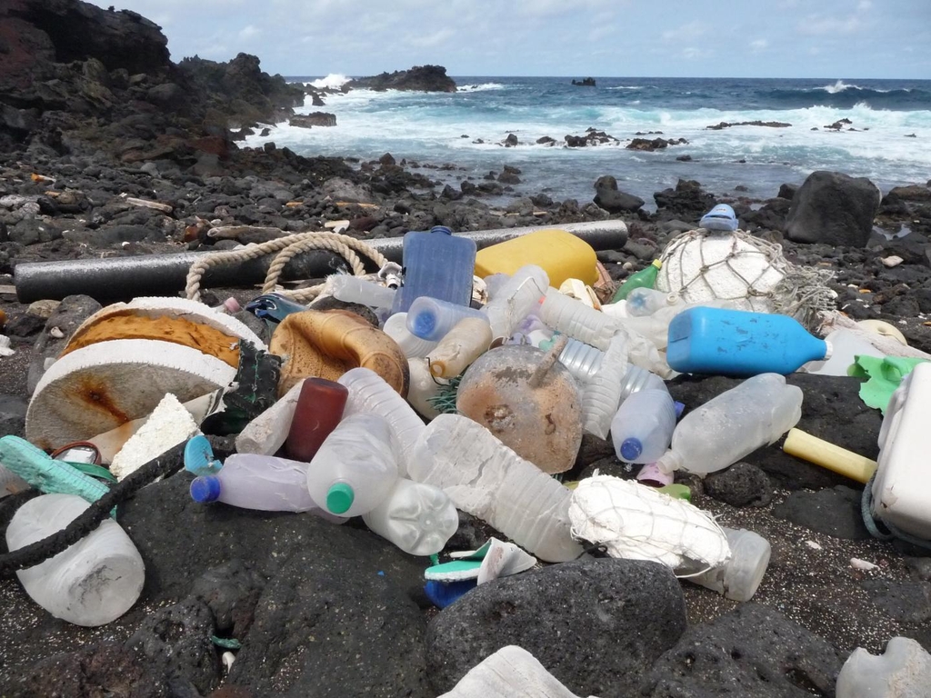 플라스틱 쓰레기로 뒤덮인 대서양 남부 어센션섬 해안가