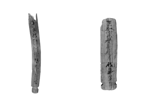 '麦'(맥, 보리)과 '稻'(도, 벼) 글자가 확인된 3호(왼쪽)와 4호 목간 적외선 사진