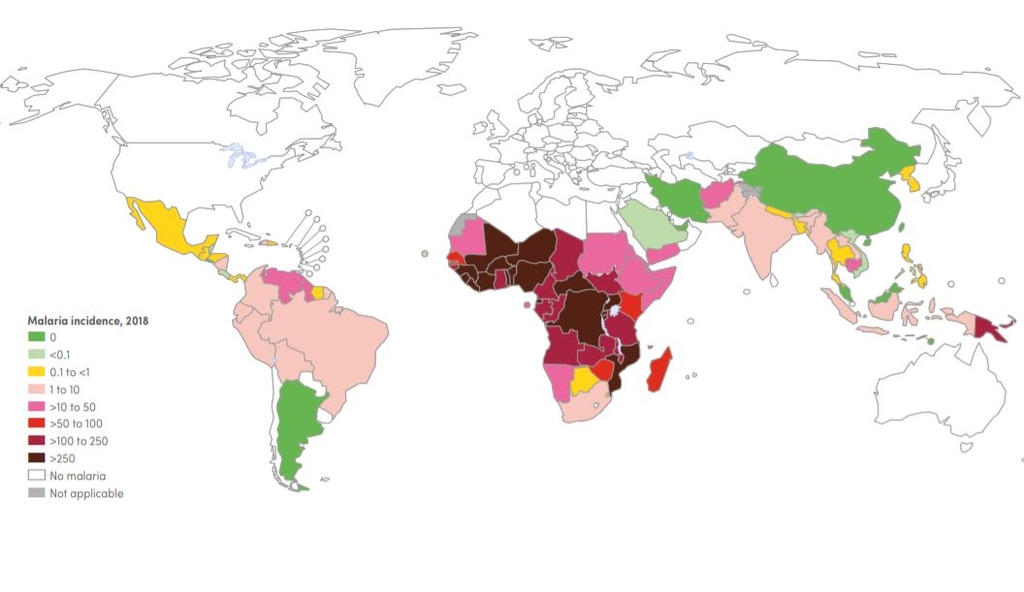 말라리아 주요 발병국 현황. 색깔이 붉고 검을수록 인구 중 감염자 비율이 높다는 점을 의미한다. 아프리카 대륙이 심각하고 한국도 완전한 안전지대는 아닌 것으로 나타난다.[세계보건기구 2019년 말라리아 보고서 캡처, DB 및 재판매 금지]