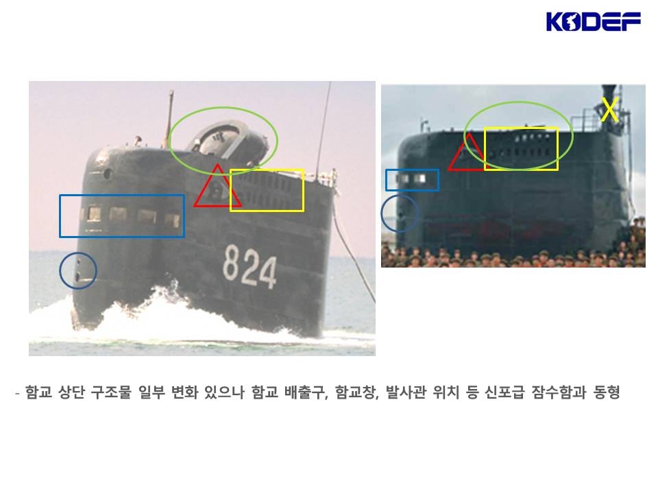 (서울=연합뉴스) 북한이 20일 공개한 잠수함 사진(왼쪽)으로 함교에 숫자 '824'를 도색했다. 북한은 2016년 8월 24일 북극성-1형 잠수함발사탄도미사일(SLBM) 수중 발사를 했던 이 잠수함에서 전날 신형 SLBM 시험발사를 했다고 밝혔다. 오른쪽은 북한이 2016년 8월 24일 시험발사를 했다며 공개한 잠수함 사진으로 이날 공개한 잠수함과 유사하다. 2021.10.20 [신종우 한국국방안보포럼 사무국장 제공, 재판매 및 DB 금지]