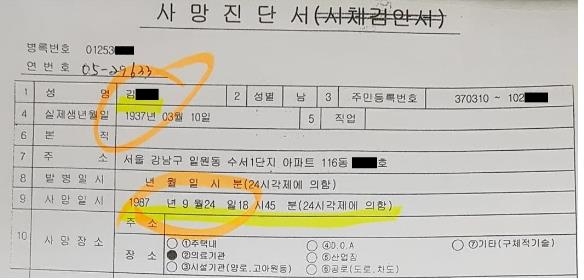 윤석열 후보 장모 최모씨 남편 김모씨의 사망진단서