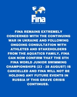 러시아 카잔에서 개최할 예정이었던 세계주니어수영선수권대회 취소를 알리는 FINA