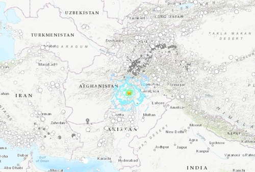  22일 아프간 지진 발생 위치.