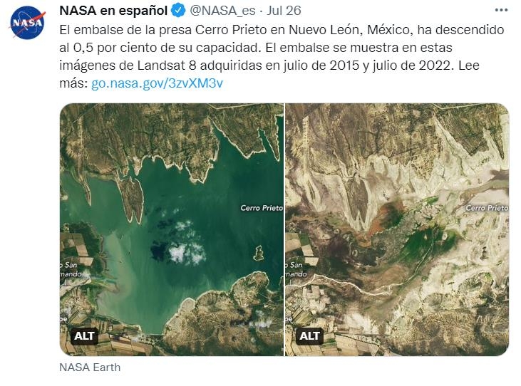 세로프리에토 저수지의 2015년(왼쪽)과 2022년 7월의 위성 사진 
