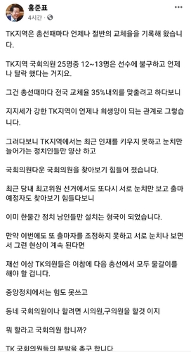 홍준표 "눈치만 보는 재선 이상 TK국회의원은 모두 물갈이해야"