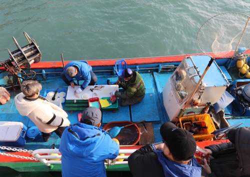 어부가 작은 고깃배를 타고 유람선 관광객들에게 회를 팔고 있다. [사진/진성철 기자]