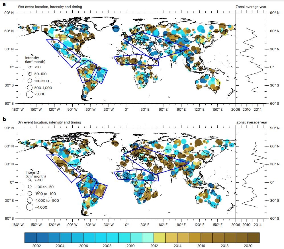 2002~2021년 전 세계 극단적 홍수(위)와 가뭄 발생 지도