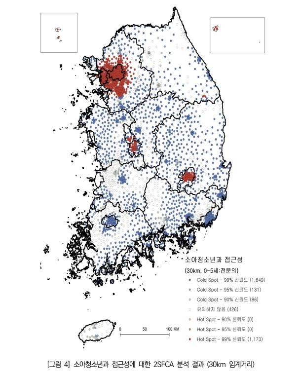 소아청소년과 접근성. 빨간 점으로 표시된 곳이 상대적으로 접근성이 높은 지역.