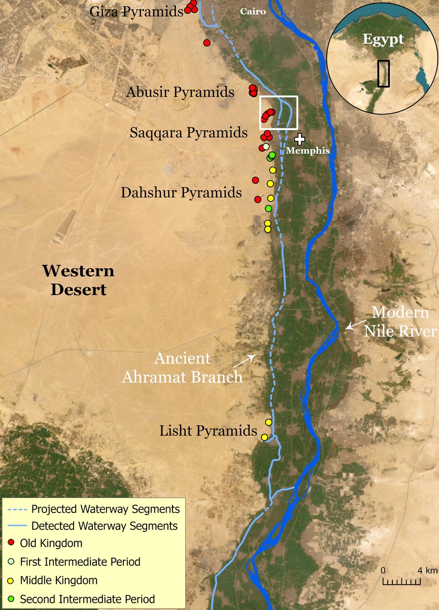 고대 나일강 아흐라마트 지류와 주변에 건설된 피라미드 단지들