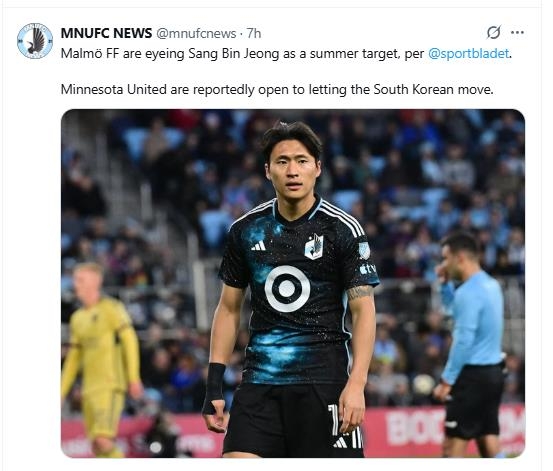 정상빈, MLS 떠나 유럽 복귀할까…스웨덴 말뫼행 가능성 제기