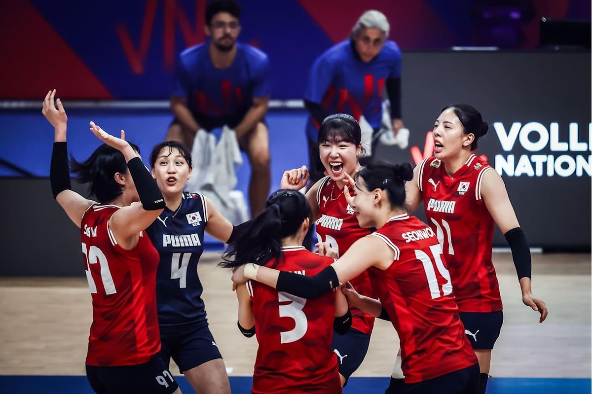 득점 후 함께 기뻐하는 한국 여자배구 대표팀