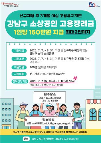 강남구, 신규 채용 소상공인에 1인당 150만원 고용장려금