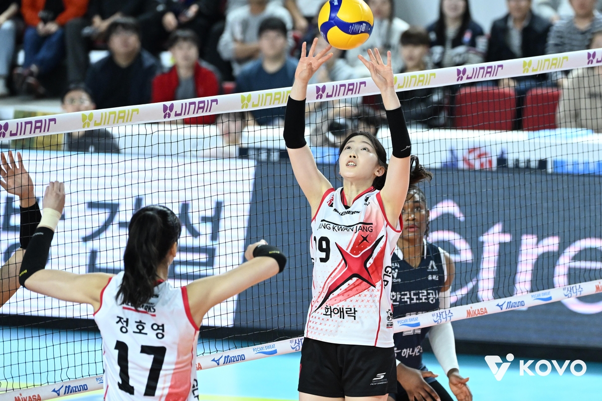 토스하는 정관장의 세터 최서현(오른쪽)