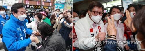 Los candidatos a la alcaldía de Busan, Kim Young-choon (izda.), del Partido Democrático, y su rival Park Heong-joon, del Partido del Poder del Pueblo, saludan a los ciudadanos de Busan el 1 de abril de 2021.