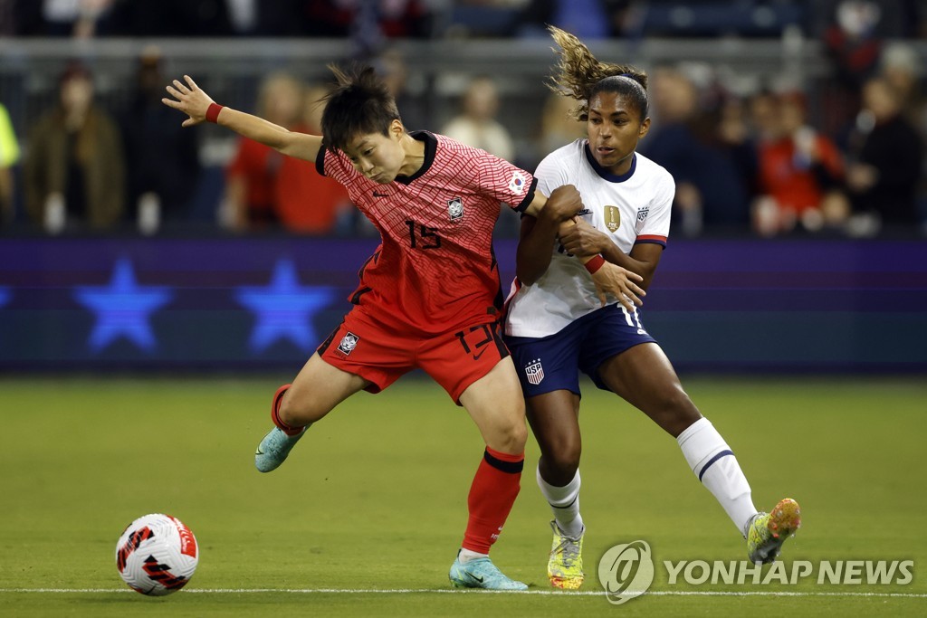 In this Associated Press photo, Park Ye-eun of South Korea (L) and Catarina Macario of the United States fight for the ball during their teams' friendly football match at Children's Mercy Park in Kansas City, Kansas, on Oct. 21, 2021. (Yonhap)