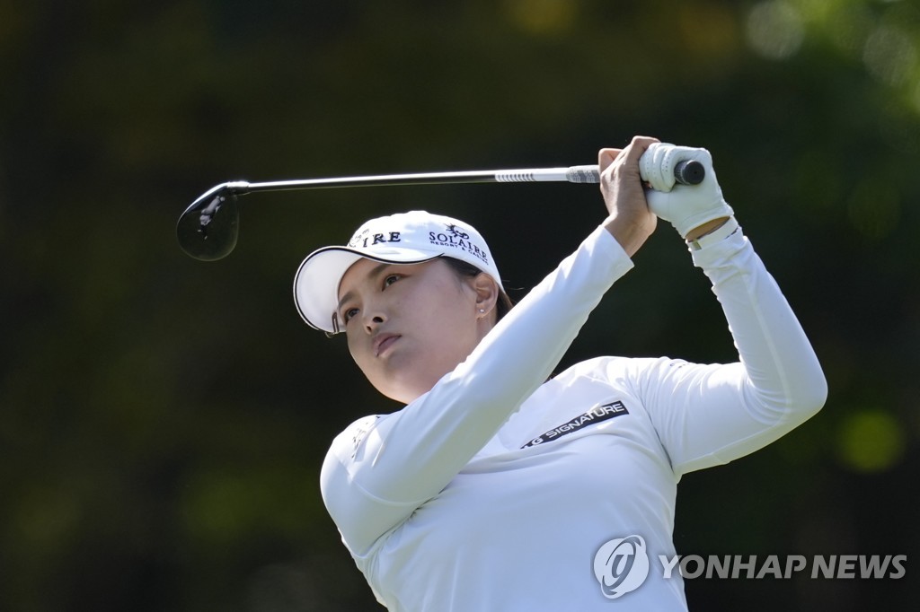 In this Associated Press photo, Ko Jin-young of South Korea tees off at the fifth hole during the final round of the BMW Ladies Championship at LPGA International Busan in Busan, some 450 kilometers southeast of Seoul, on Oct. 24, 2021. (Yonhap)