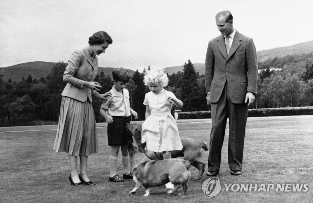 여왕 가족이 1955년 발모랄 영지에서 코기와 어울리는 모습
