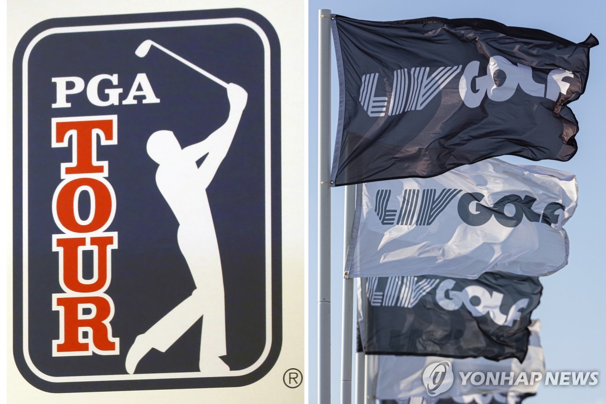PGA 투어 로고(왼쪽)와 LIV 골프 깃발