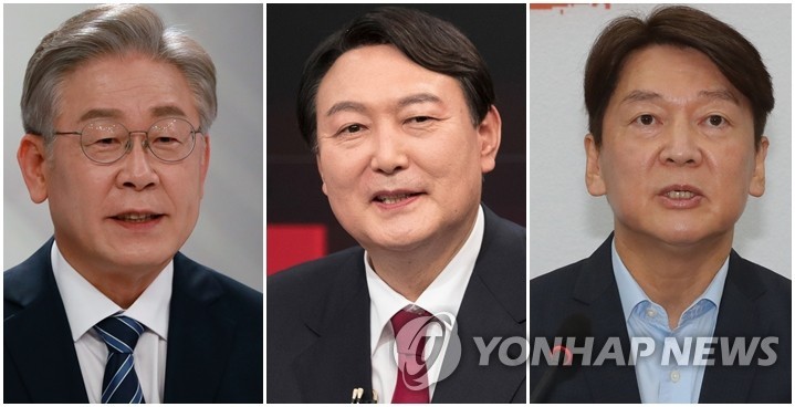 This compilation image shows (from L to R) presidential candidates Lee Jae-myung, Yoon Suk-yeol and Ahn Cheol-soo. (Yonhap)
