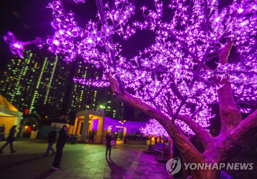 홍콩의 한 공원에서 시민들이 보라색 조명으로 뒤덮인 나무를 지나치고 있다.[EPA=연합뉴스]