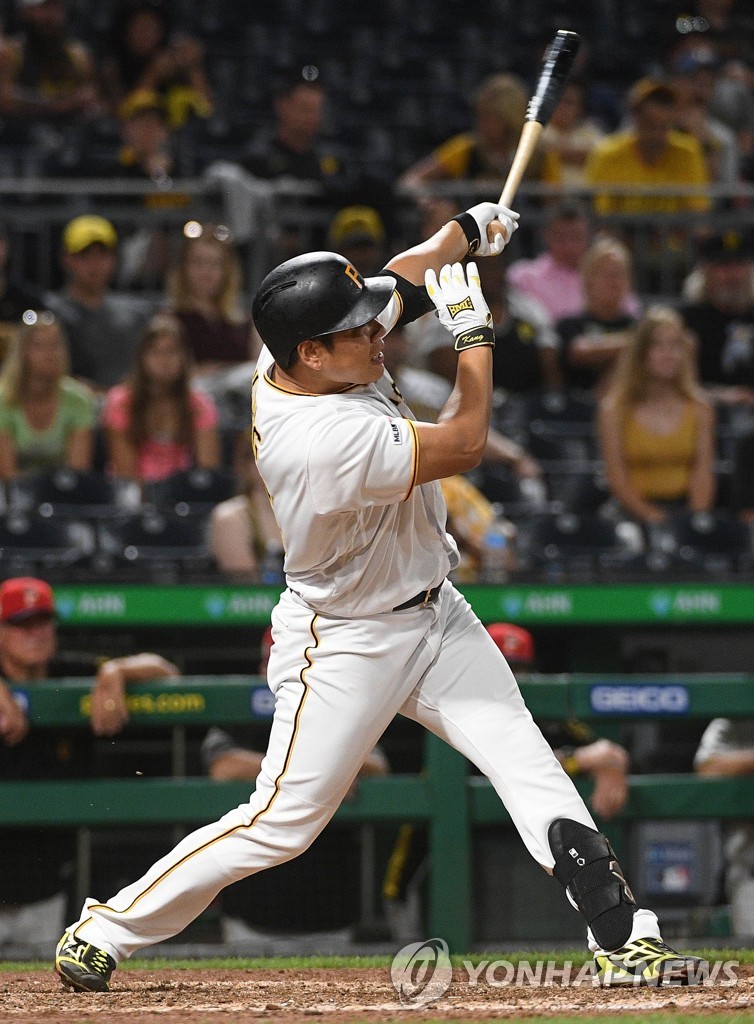 In this Getty Images file photo, from July 5, 2019, Kang Jung-ho of the Pittsburgh Pirates hits a home run against the Milwaukee Brewers in a Major League Baseball regular season game at PNC Park in Pittsburgh. (Yonhap)