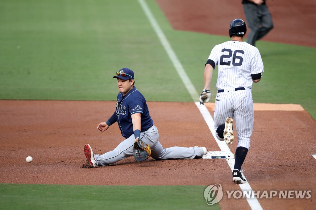 In this Getty Images file photo from Oct. 8, 2020, the Tampa Bay Rays' first baseman Choi Ji-man (L) tries to scoop the ball as DJ LeMahieu of the New York Yankees runs to the bag during the bottom of the first inning of Game 4 of the American League Division Series at Petco Park in San Diego. (Yonhap)