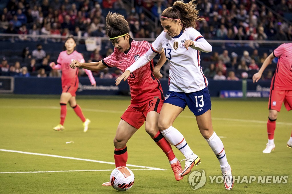In this Getty Images photo, Lim Seon-joo of South Korea (L) fends off Alex Morgan of the United States during their teams' friendly football match at Children's Mercy Park in Kansas City, Kansas, on Oct. 21, 2021. (Yonhap)