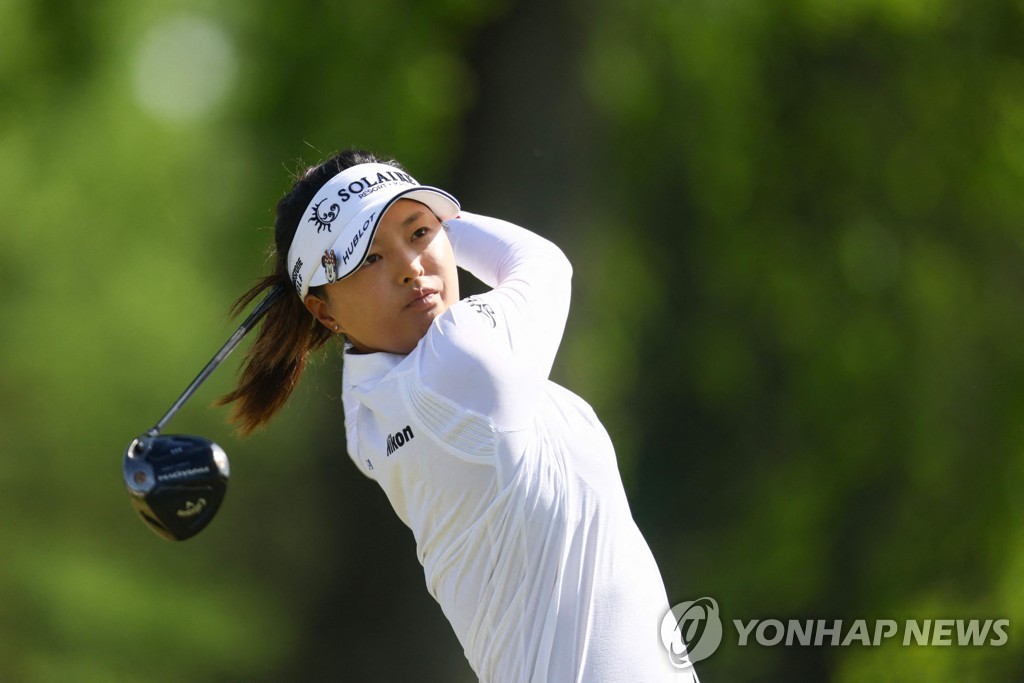 In this Getty Images photo, Ko Jin-young of South Korea tees off on the seventh hole during the final round of the Cognizant Founders Cup on the LPGA Tour at Upper Montclair Country Club in Clifton, New Jersey, on May 14, 2023. (Yonhap)