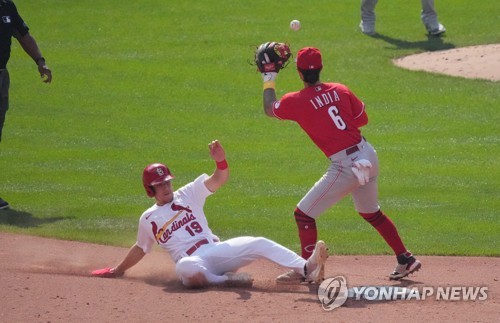 In this UPI file photo from Sept. 17, 2022, Tommy Edman of the St. Louis Cardinals (L) beats the tag from Cincinnati Reds second baseman Jonathan India as he steals second base during the bottom of the eighth inning of a Major League Baseball regular season game at Busch Stadium in St. Louis. (Yonhap)