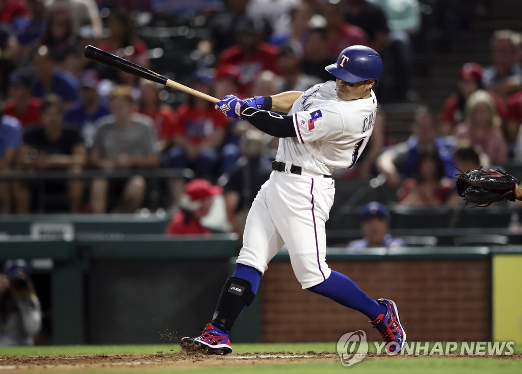 In this Reuters photo via USA Today Sports, Choo Shin-soo of the Texas Rangers takes a swing against the Baltimore Orioles in the bottom of the fourth inning of a Major League Baseball regular season game at Globe Life Park in Arlington, Texas, on June 4, 2019. (Yonhap)