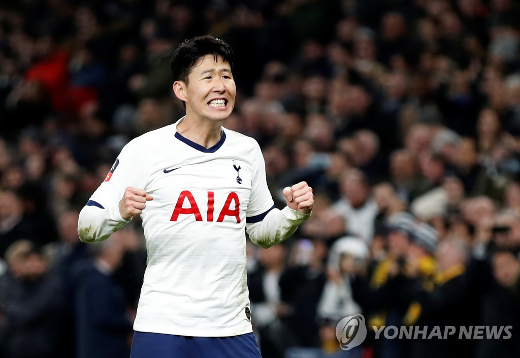 In this Reuters photo, Son Heung-min of Tottenham Hotspur celebrates his goal against Southampton in the fourth round of the FA Cup at Tottenham Hotspur Stadium in London on Feb. 5, 2020. (Yonhap)