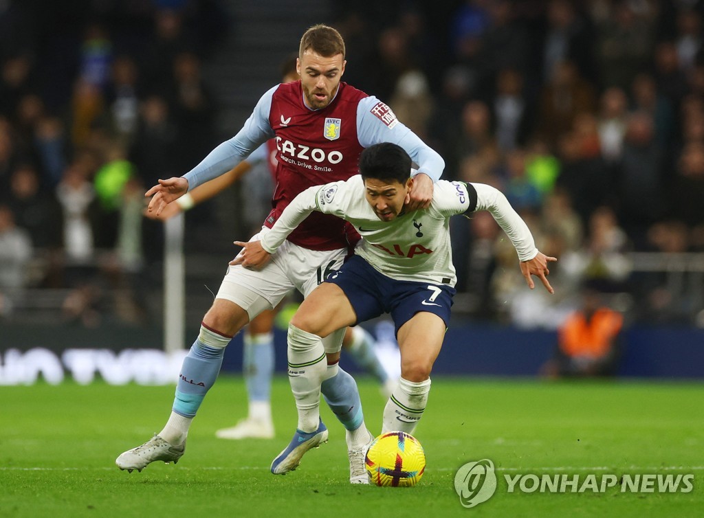 In this Action Images photo via Reuters, Son Heung-min of Tottenham Hotspur (R) is held by Calum Chambers of Aston Villa during the clubs' Premier League match at Tottenham Hotspur Stadium in London on Jan. 1, 2023. (Yonhap)