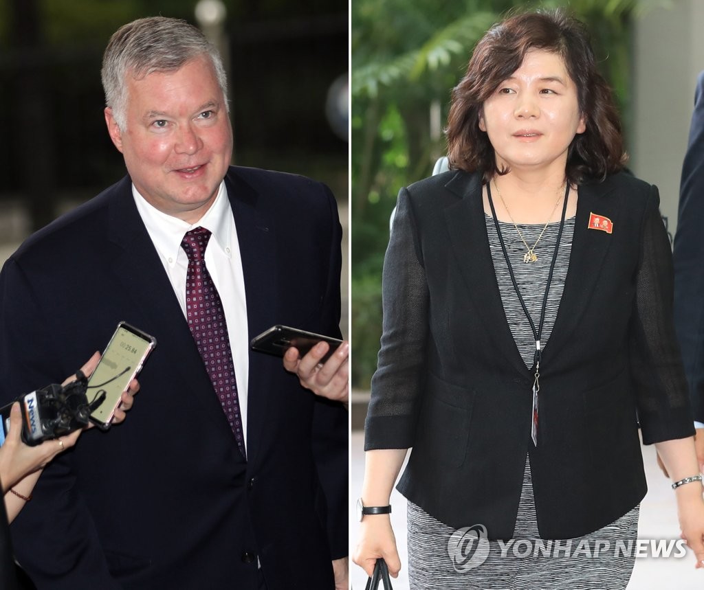 This file image shows Stephen Biegun (L), Washington's special representative for North Korea, and North Korean Vice Foreign Minister Choe Son-hui. (Yonhap)