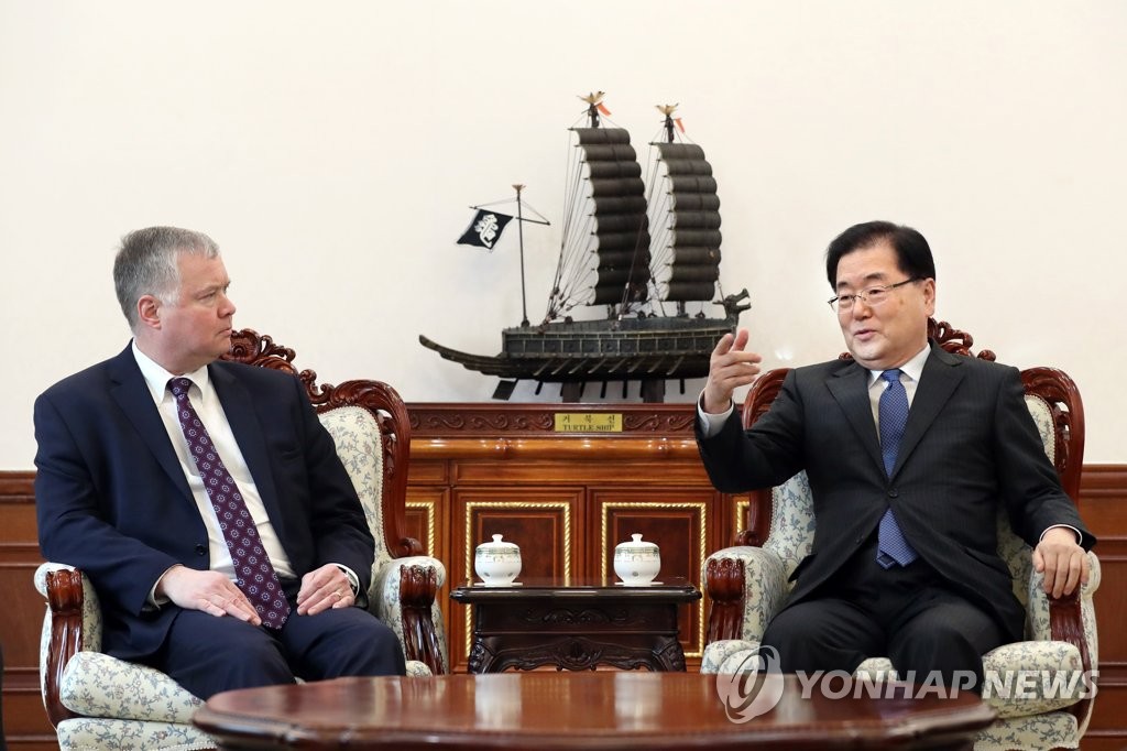 In this photo provided by Cheong Wa Dae, Chung Eui-yong (R), South Korea's top security adviser, speaks with Stephen Biegun, the U.S. special representative on North Korea, at the South Korean presidential office on Feb. 4, 2019. (Yonhap)