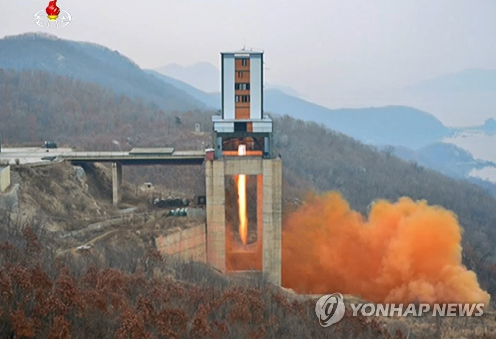 In this March 2017 file photo released by North Korea's Korean Central News Agency, a ground test of a high-thrust rocket engine is conducted at the Sohae satellite launching station. (For Use Only in the Republic of Korea. No Redistribution) (Yonhap)